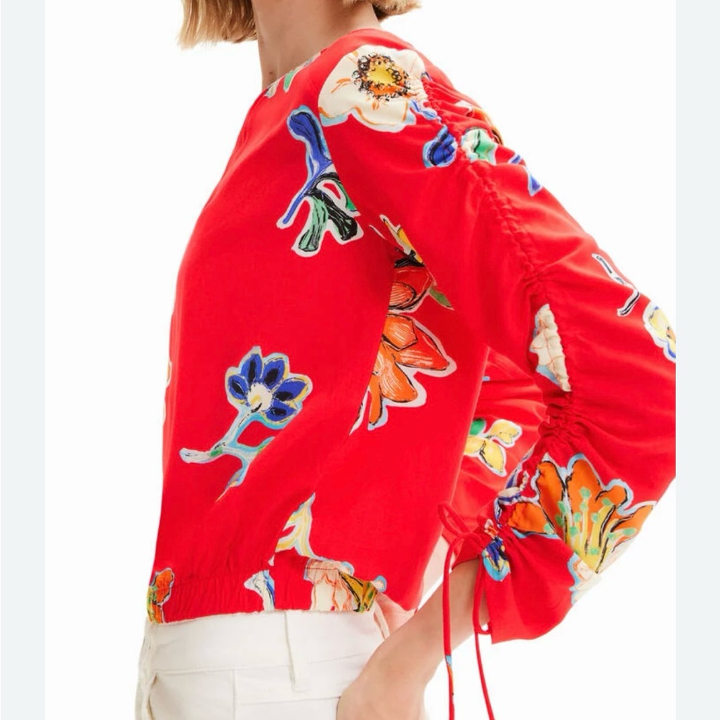 Desigual Floral Red Blouse With Ruched Sleeves